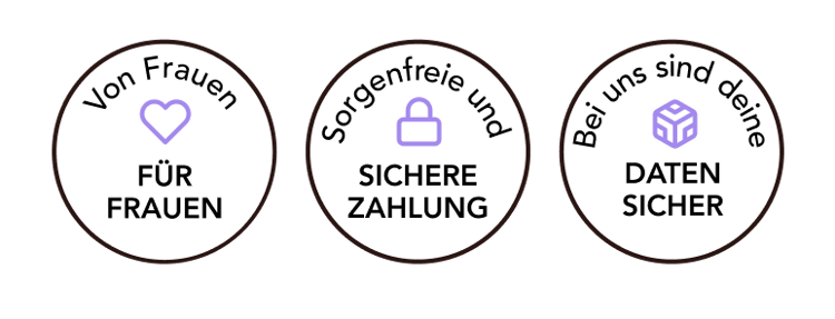 Drei Abzeichen mit Text darin. Abzeichen eins: Von Frauen für Frauen gemacht. Abzeichen zwei: Wir garantieren sichere Zahlung. Abzeichen drei: Wir versprechen Datensicherheit.